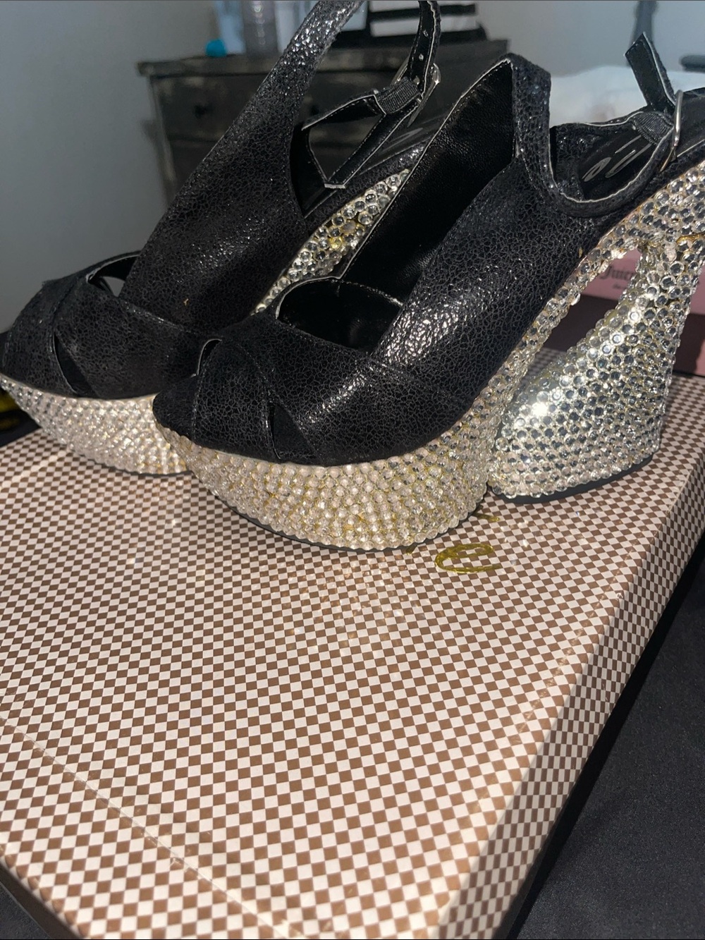 Celeste Black Crystal-Embellished Platform Slingbacks